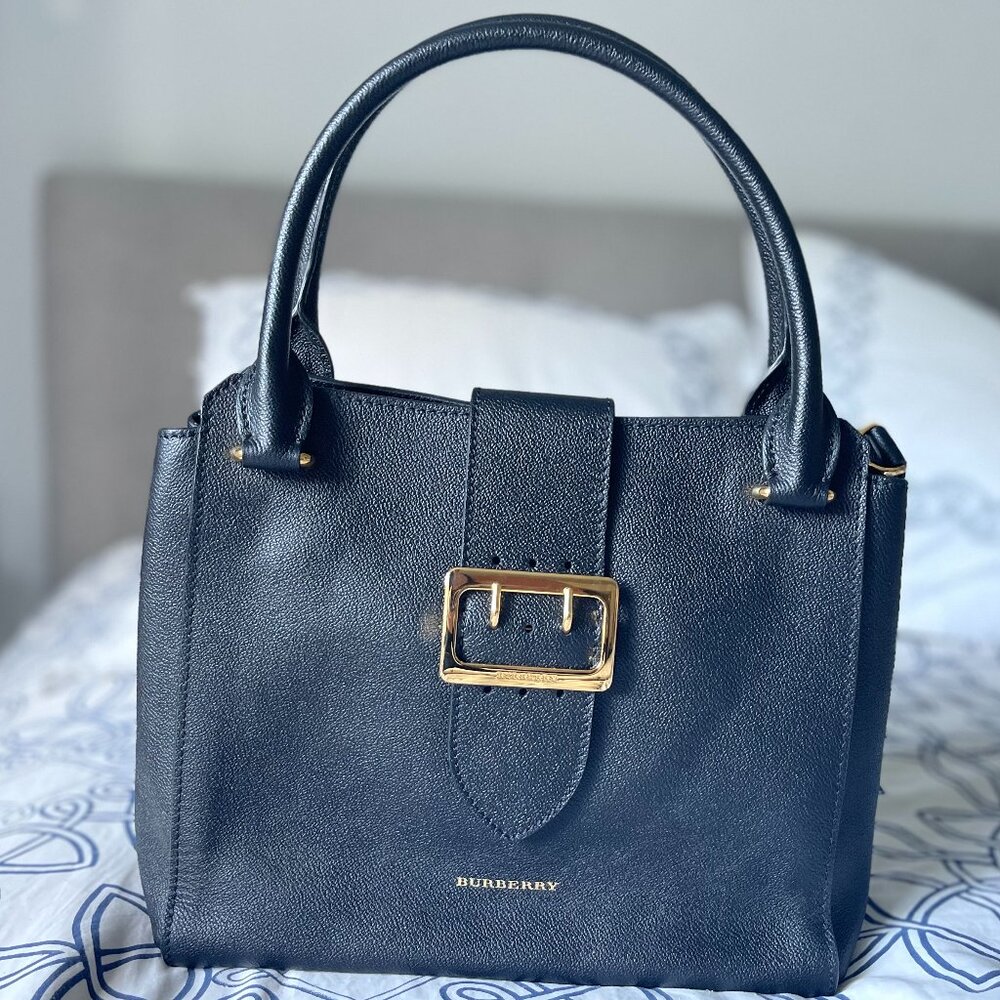 Burberry Soft Grain Calfskin Medium Buckle Tote Black